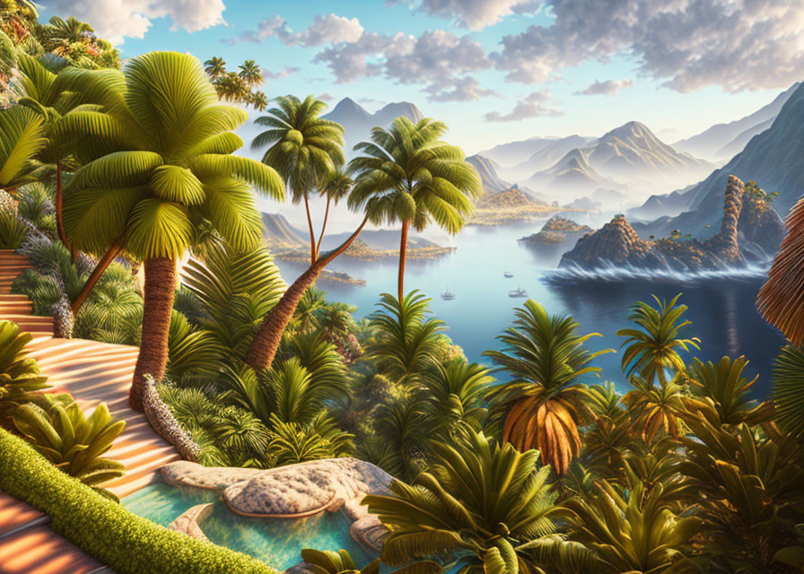 Tranquil tropical landscape with palm trees, sea, mountains, and clear sky