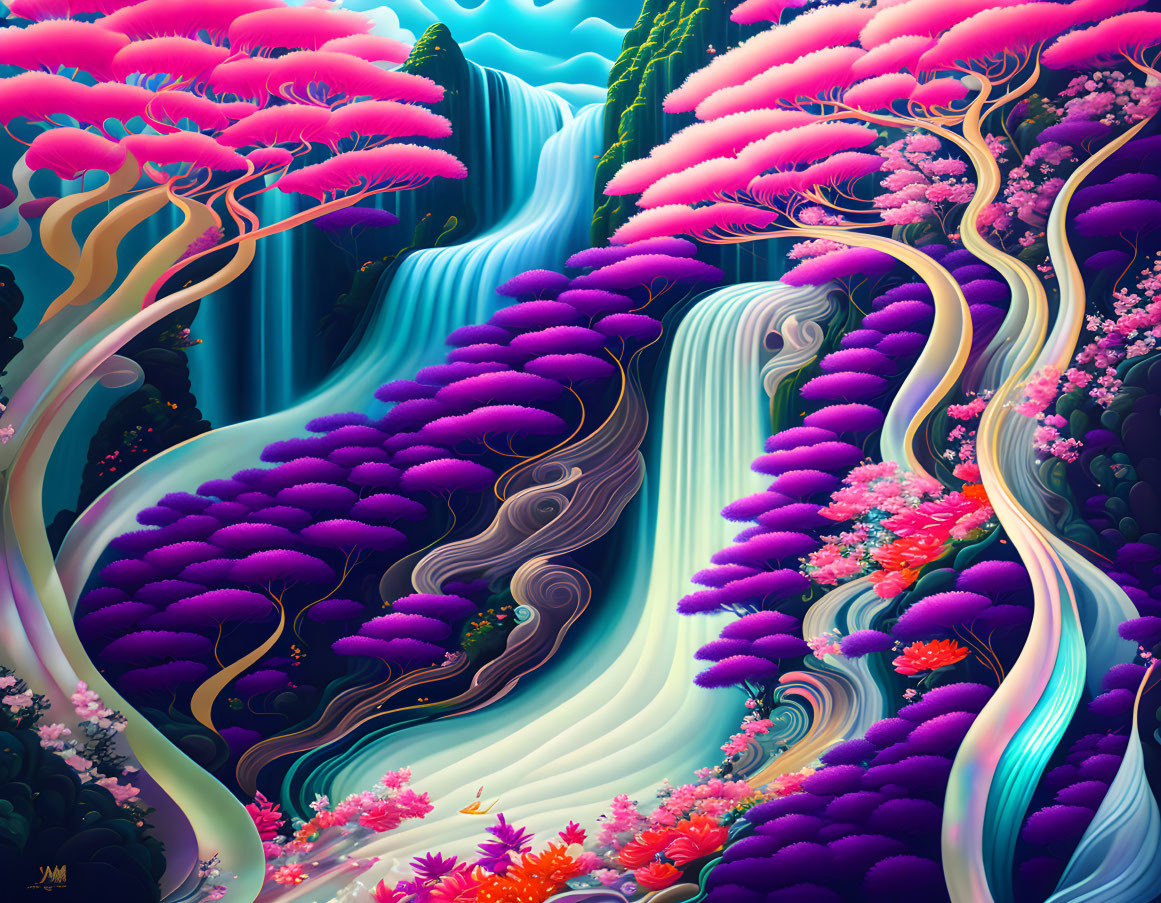 Colorful digital artwork of a fantastical waterfall with pink and purple foliage blending natural and surreal elements.