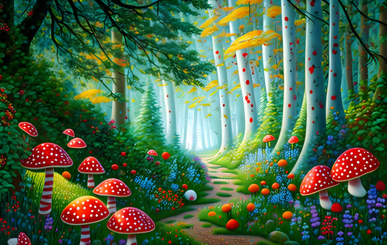 Colorful Cartoon Forest with Path, Trees, Mushrooms, and Flowers