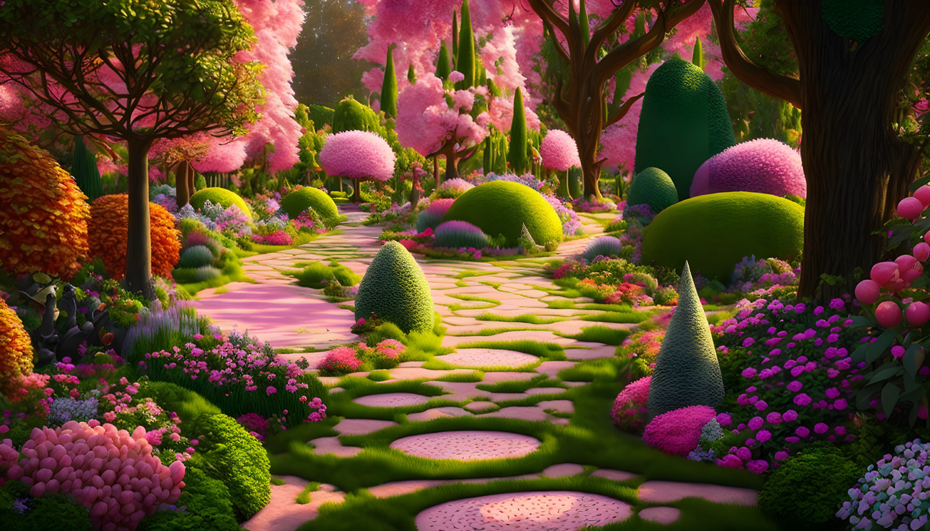 Colorful whimsical garden path with vibrant trees and plants in pink, green, and orange.