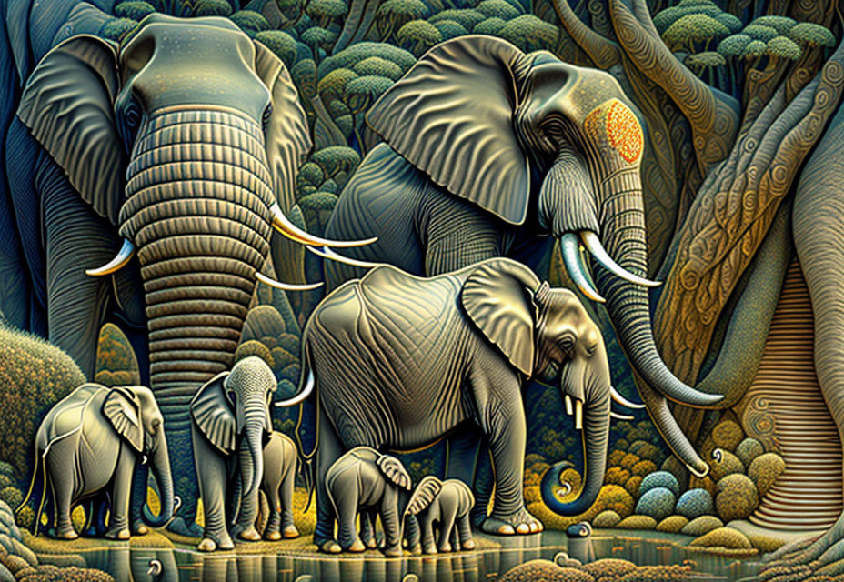 Stylized family of elephants in rich golden foliage