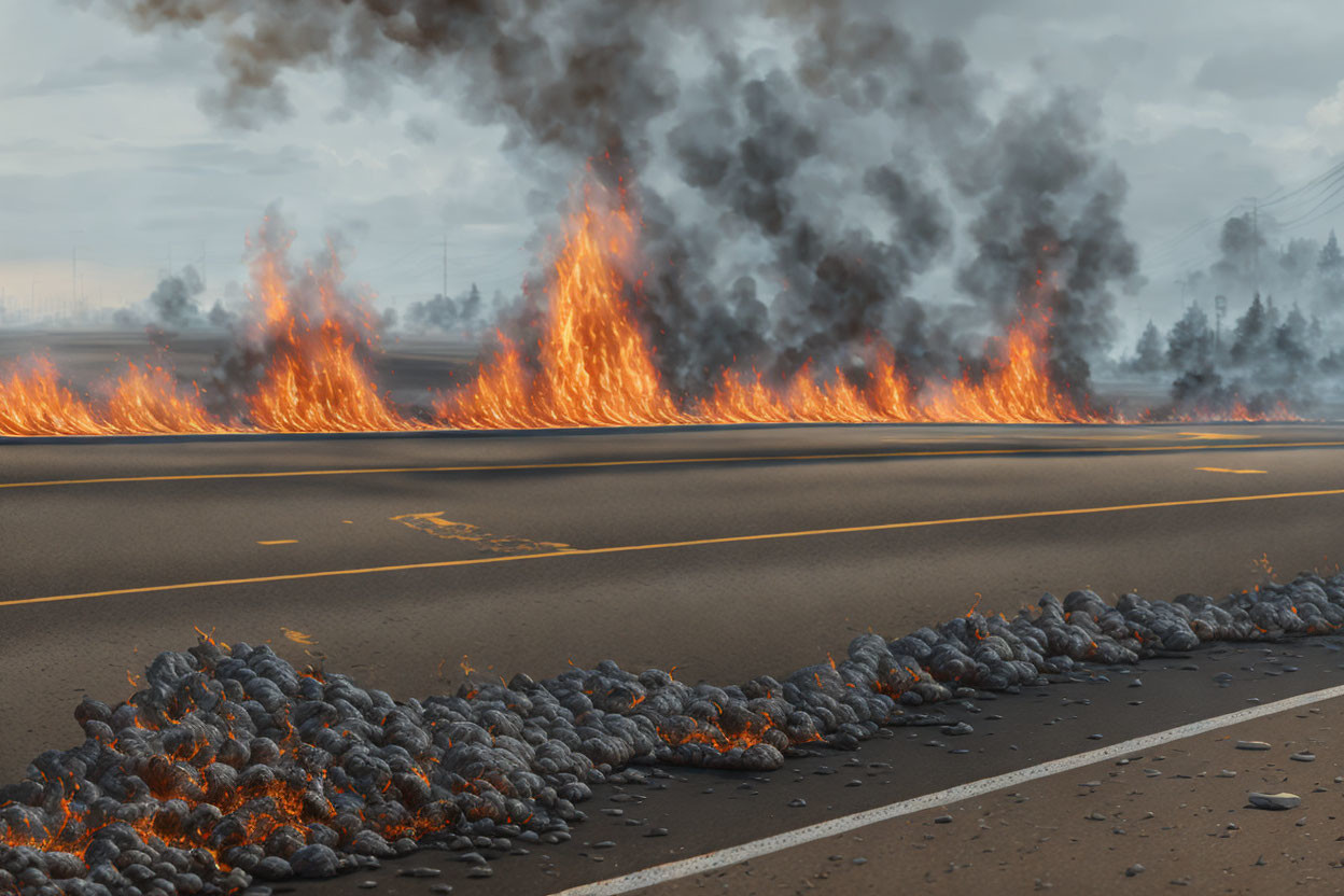 Intense Wildfire Crossing Road with Billowing Smoke