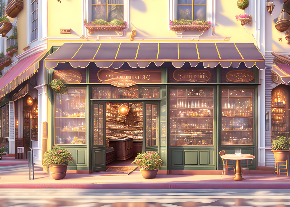 Quaint cafe storefront with green awnings and outdoor seating