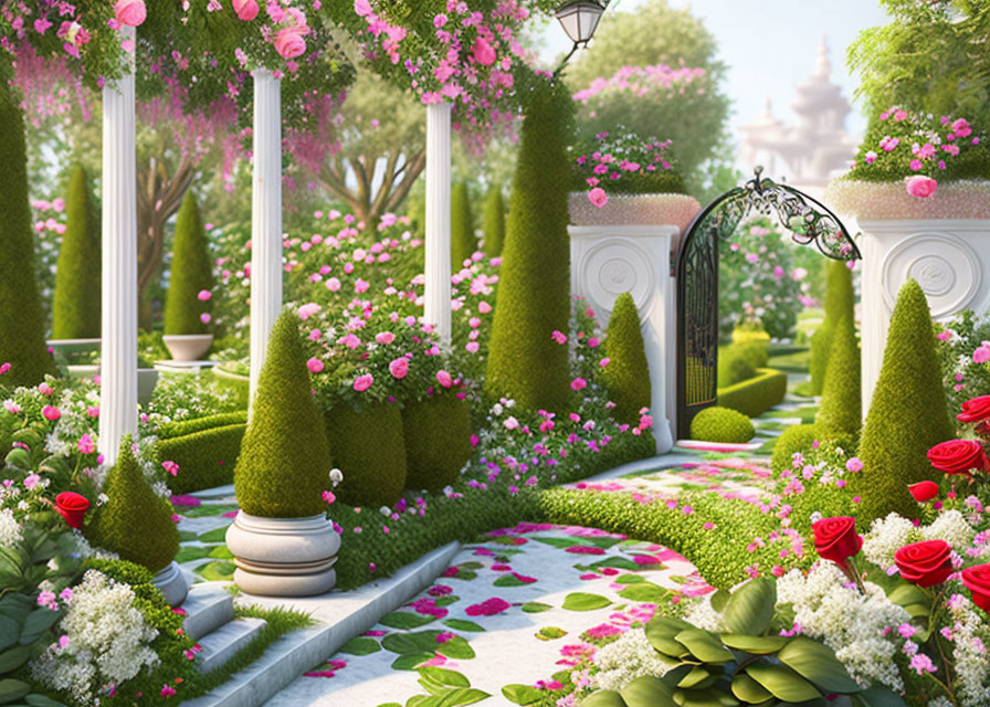 Tranquil garden with trimmed hedges, vibrant roses, and pink flowers on white columns