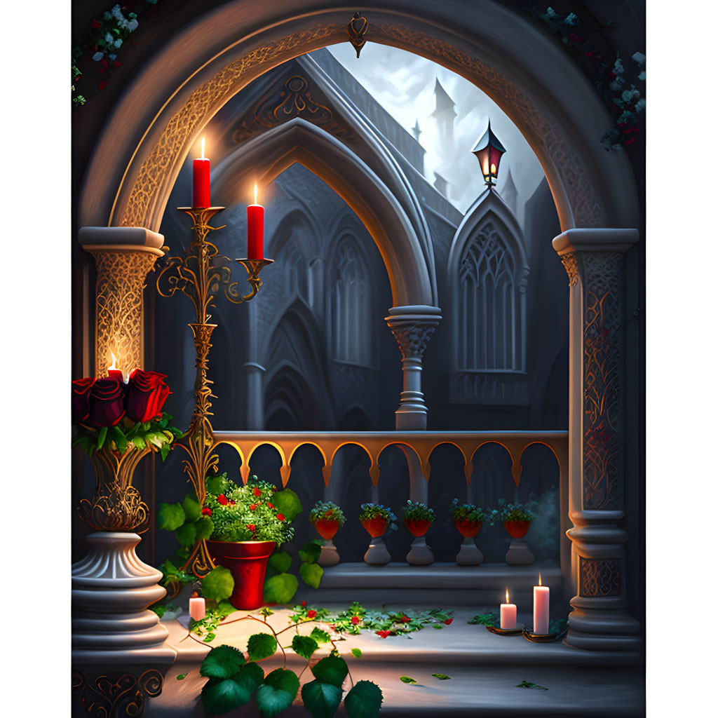 Gothic window with candles, roses, and greenery at dusk