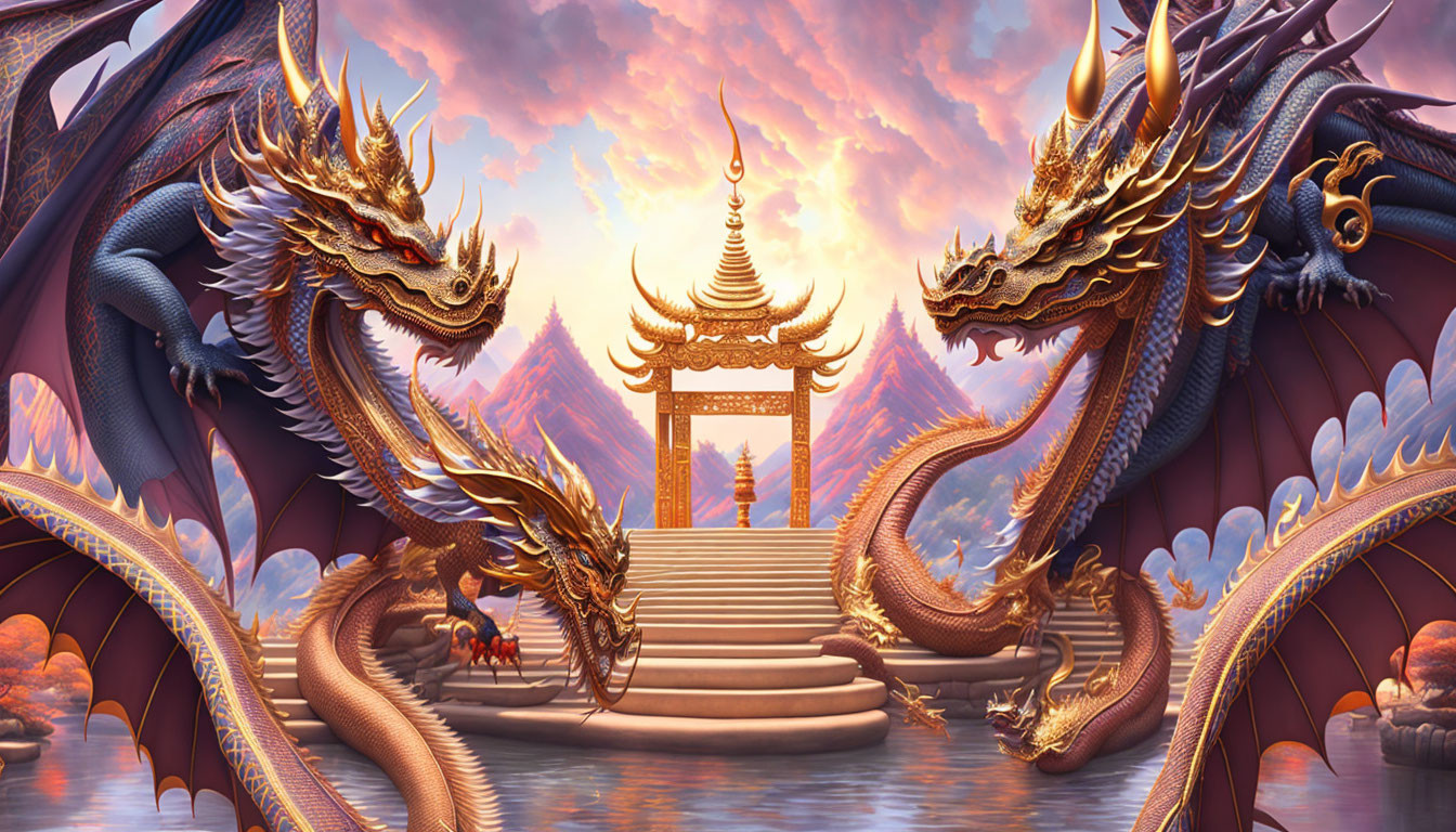 Majestic dragons by stone pathway to traditional pagoda at sunset