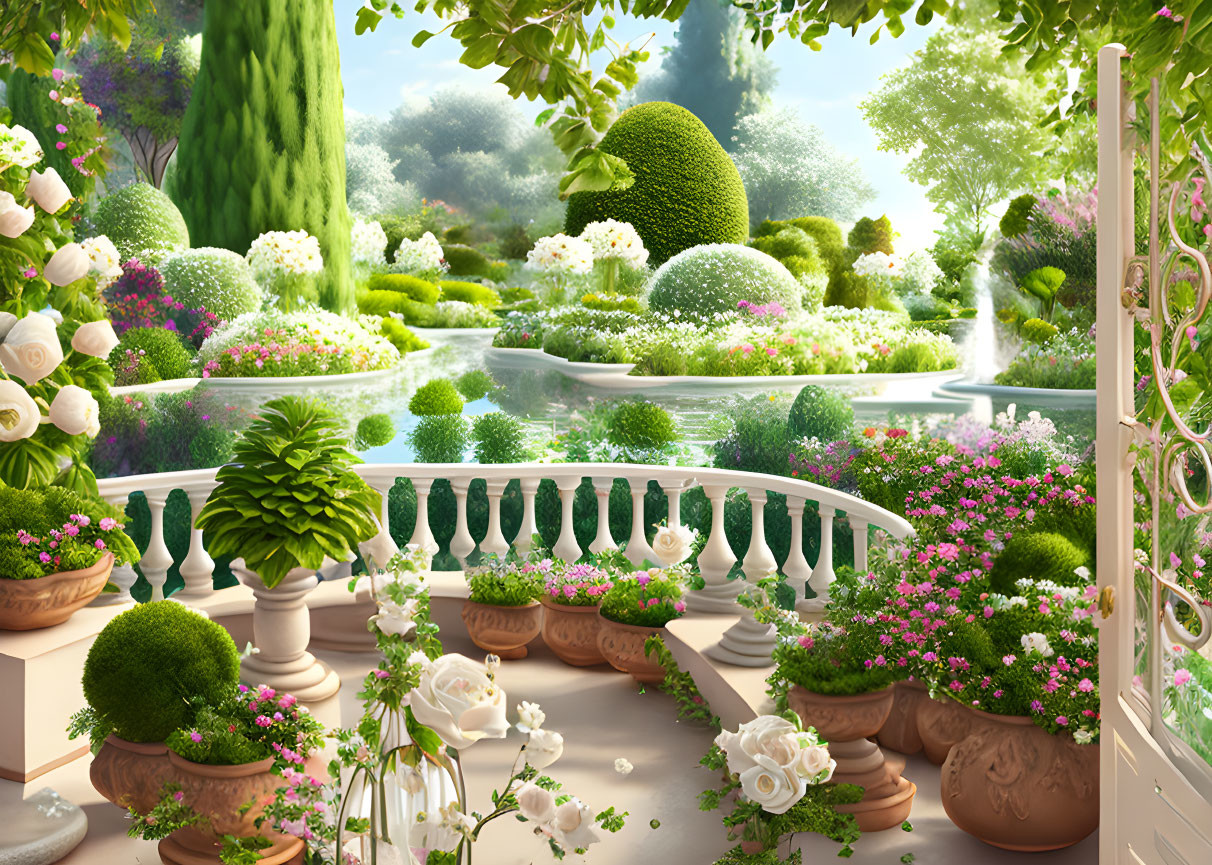 Lush garden with topiary and blooming flowers on balcony.