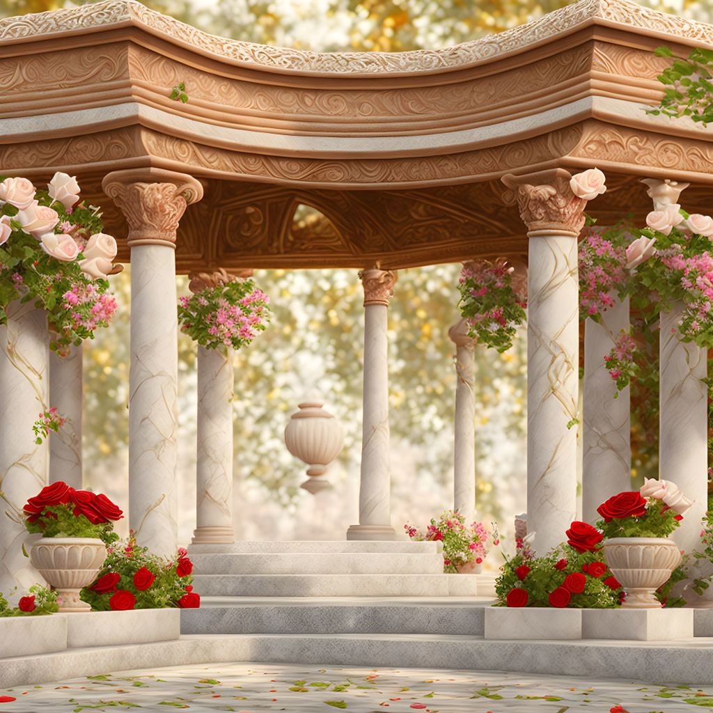 Ornate garden pavilion with pink and red roses in autumn scene