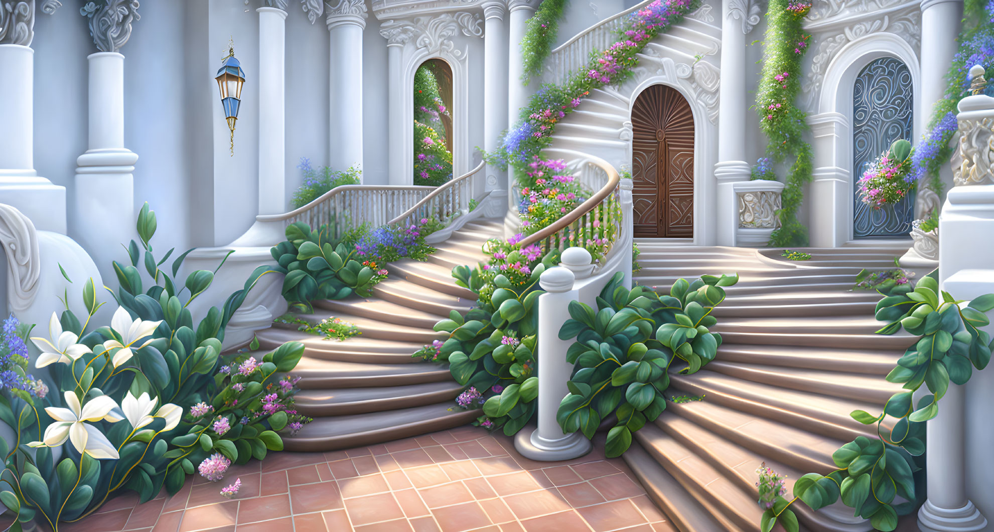 Regal courtyard staircase with lush greenery and ornate columns