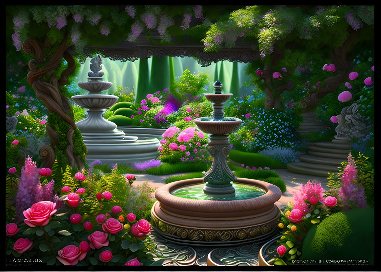 Vibrant garden scene with fountains and waterfall in lush setting