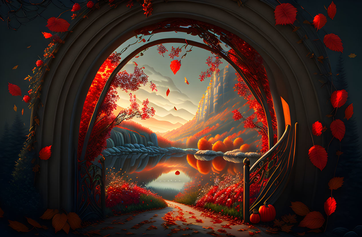 Scenic autumn landscape with natural archway, mountain path, red foliage, and pumpkin