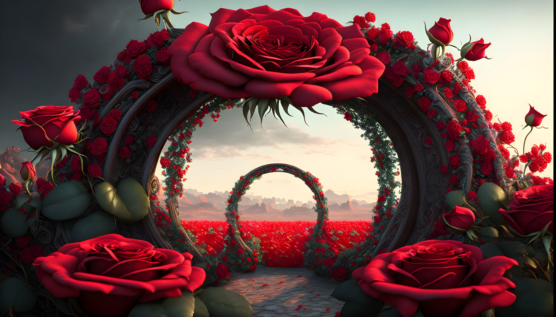 Fantasy landscape with ornate floral archway and red roses path