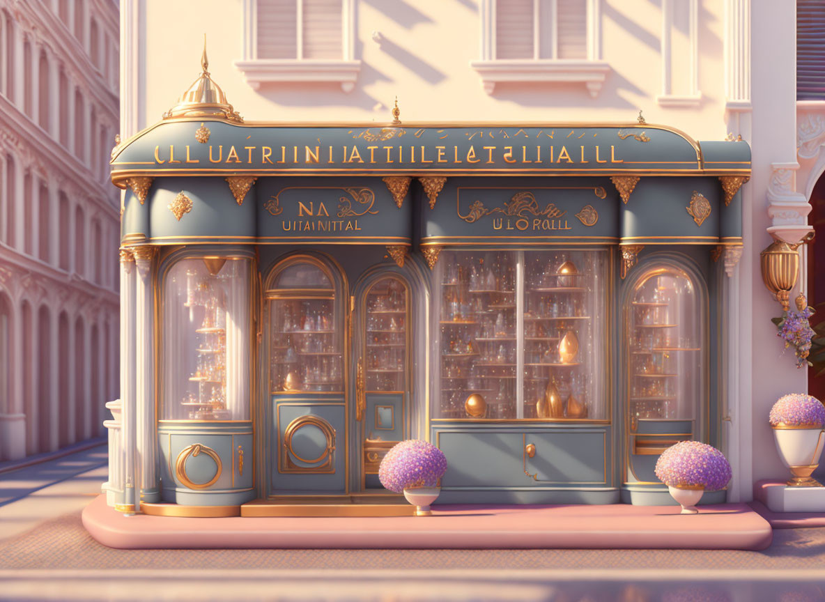 Whimsical storefront with golden accents and decorative lights