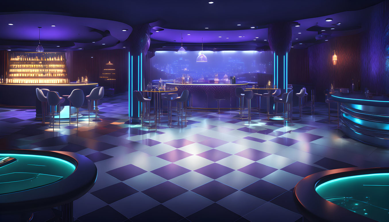 Futuristic neon-lit bar with stylish stools and panoramic city view