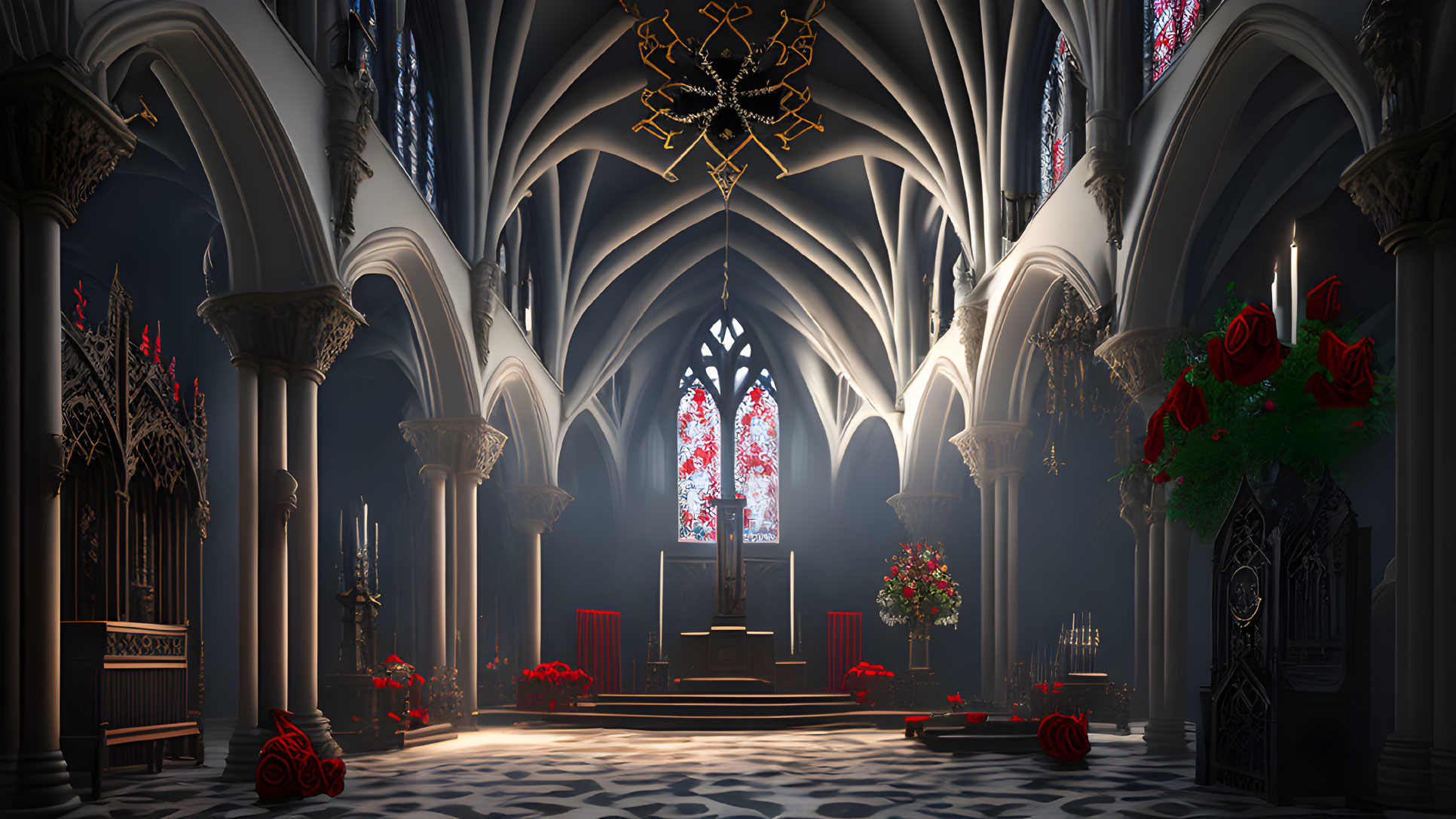 Gothic Cathedral Interior with Stained Glass Windows and Vaulted Ceilings