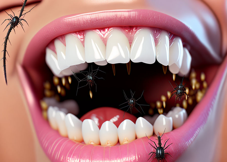 Detailed Close-Up of Human Mouth with Spiders and Golden Items