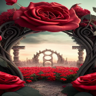 Fantasy landscape with ornate floral archway and red roses path