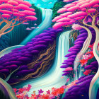 Colorful digital artwork of a fantastical waterfall with pink and purple foliage blending natural and surreal elements.