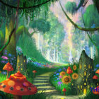 Colorful Cartoon Forest with Path, Trees, Mushrooms, and Flowers