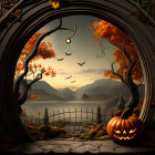 Scenic autumn landscape with natural archway, mountain path, red foliage, and pumpkin