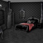 Opulent Gothic-style bedroom with black bed, elegant furniture, chandelier