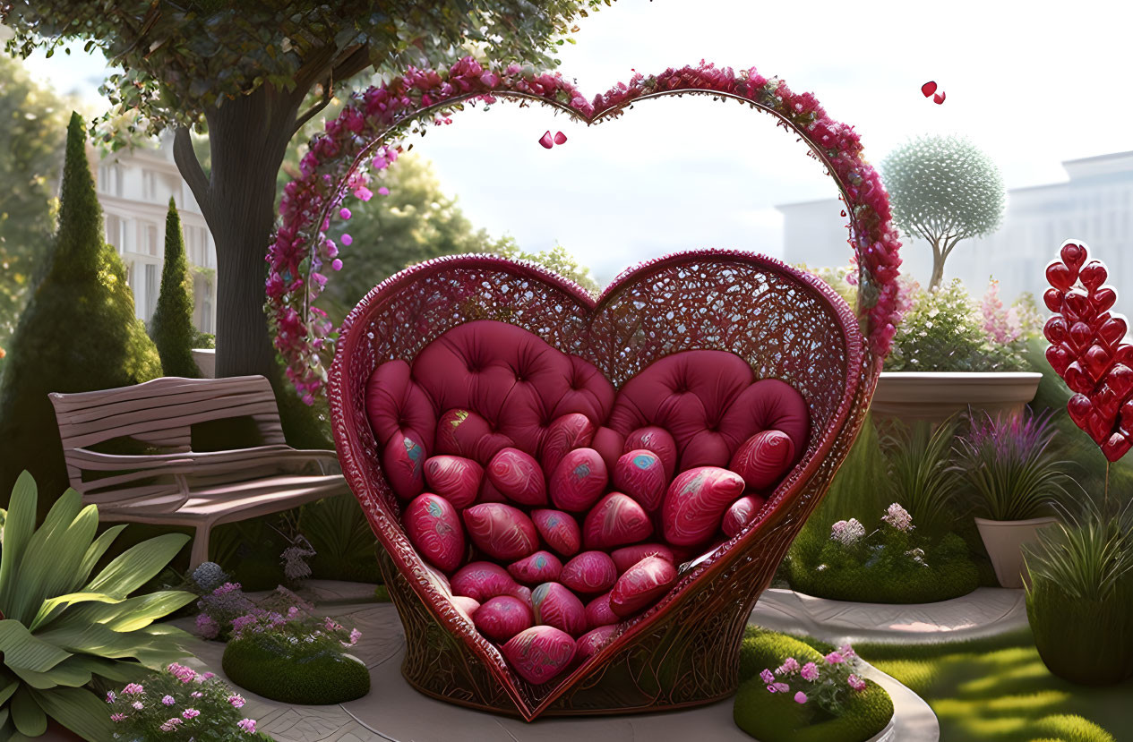 Heart-shaped bench adorned with flowers and plush pink and red cushions in a tranquil garden scene