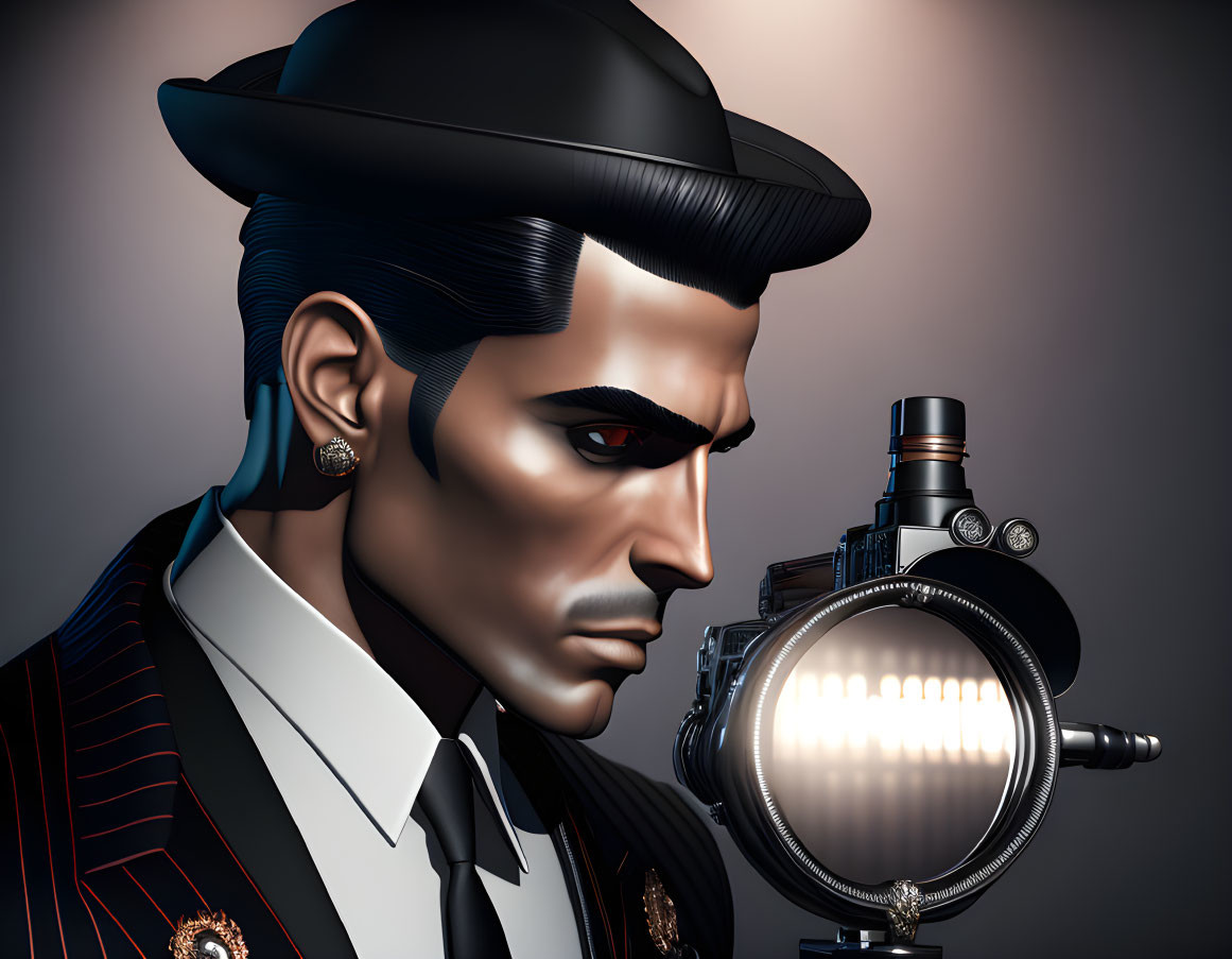 3D illustration of stern male character in fedora and suit with vintage camera