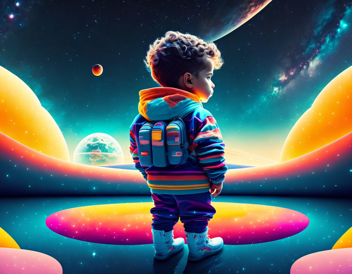 Child with backpack on illuminated platform gazes at cosmic landscape