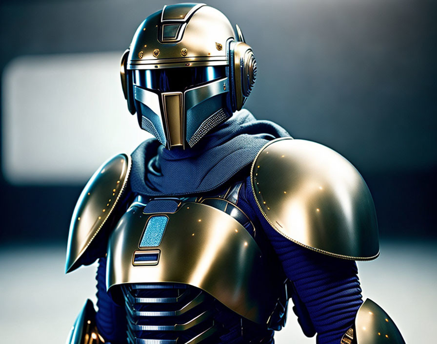 Futuristic knight in golden armor with sleek helmet and blue cape on blurred background