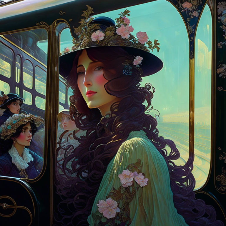 Vintage Green Dress Woman on Decorated Train with Elegant Passengers