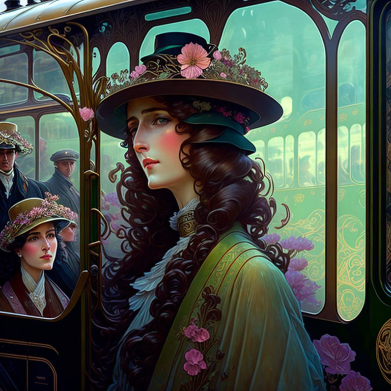 Vintage Woman in Floral Hat Surrounded by Ornate Details on Classic Train Carriage