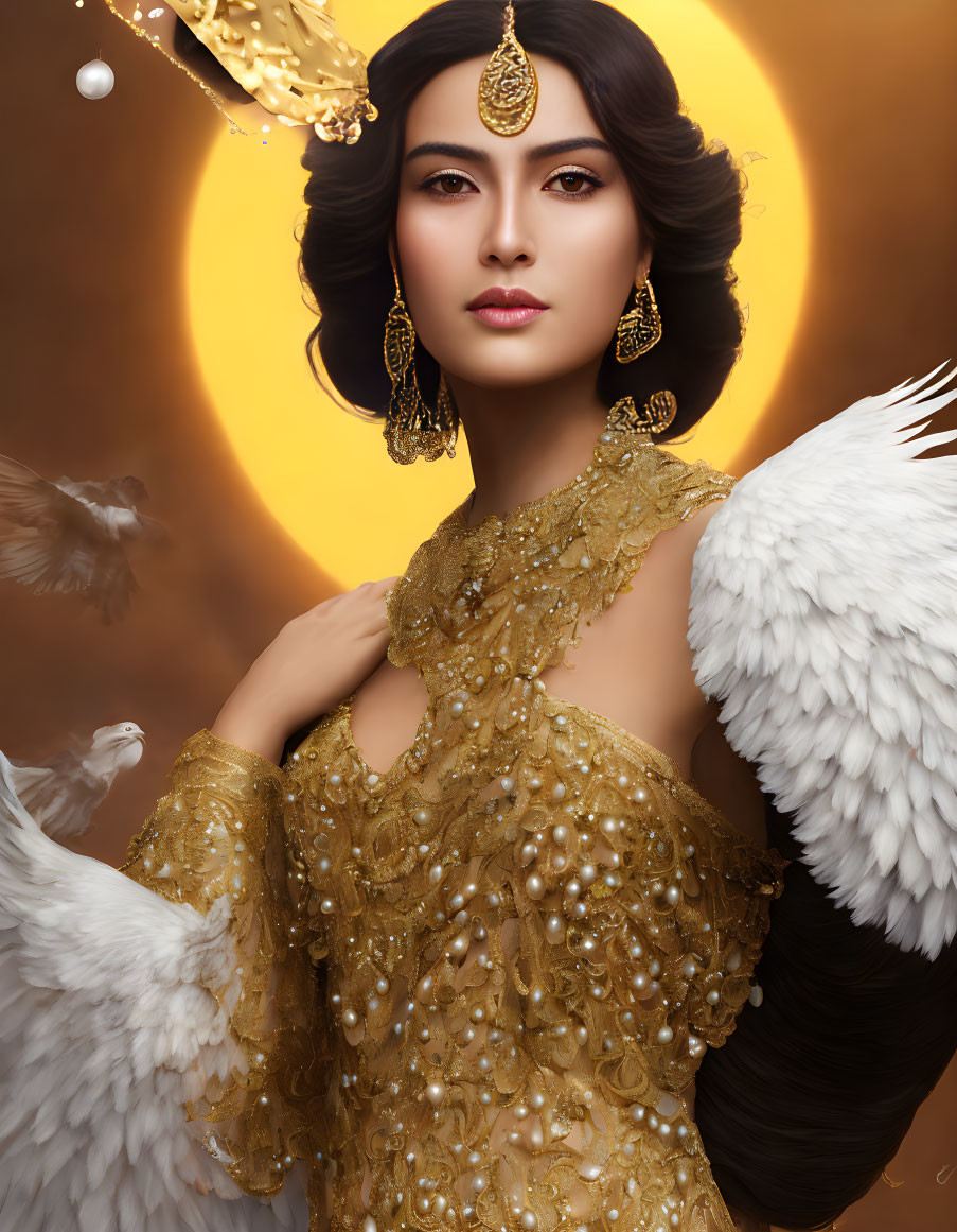 Woman with Winged Arms and Golden Attire Under Full Moon