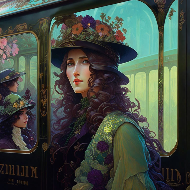 Curly-haired woman in floral hat reflects in train window wearing Victorian attire