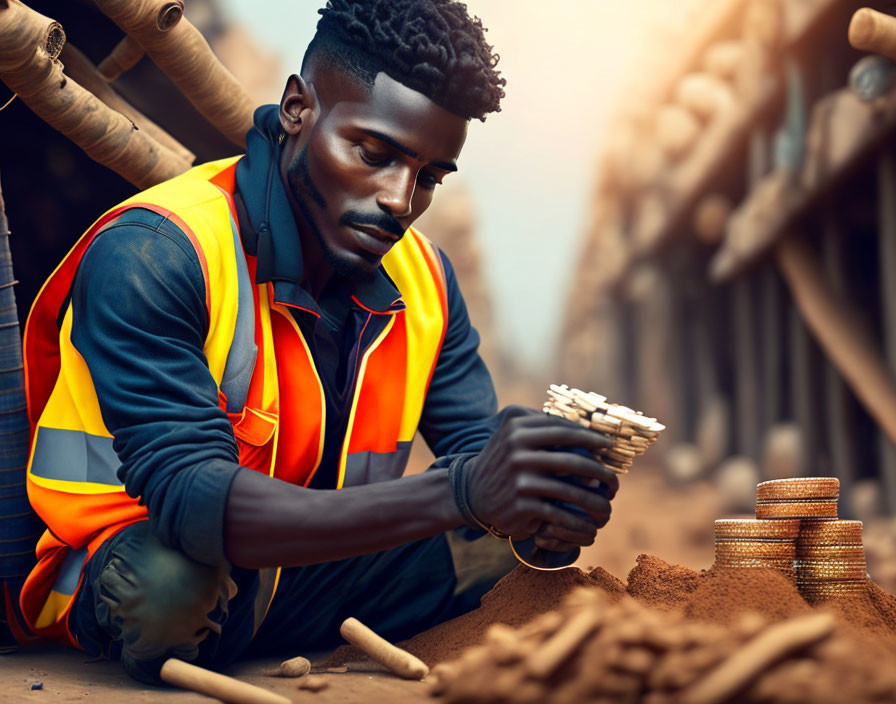 Construction worker in high-visibility vest with stacks of coins on worksite