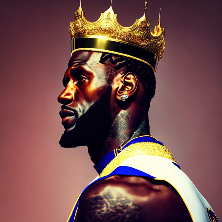 Profile View Digital Artwork of Man with Crown, Tattoos, Blue & Gold Garment