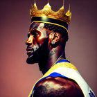 Profile View Digital Artwork of Man with Crown, Tattoos, Blue & Gold Garment