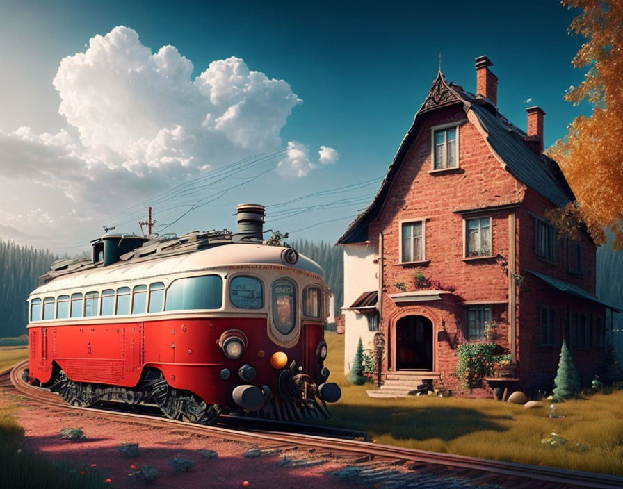 Vintage Red Train Next to Quaint Brick House in Scenic Landscape