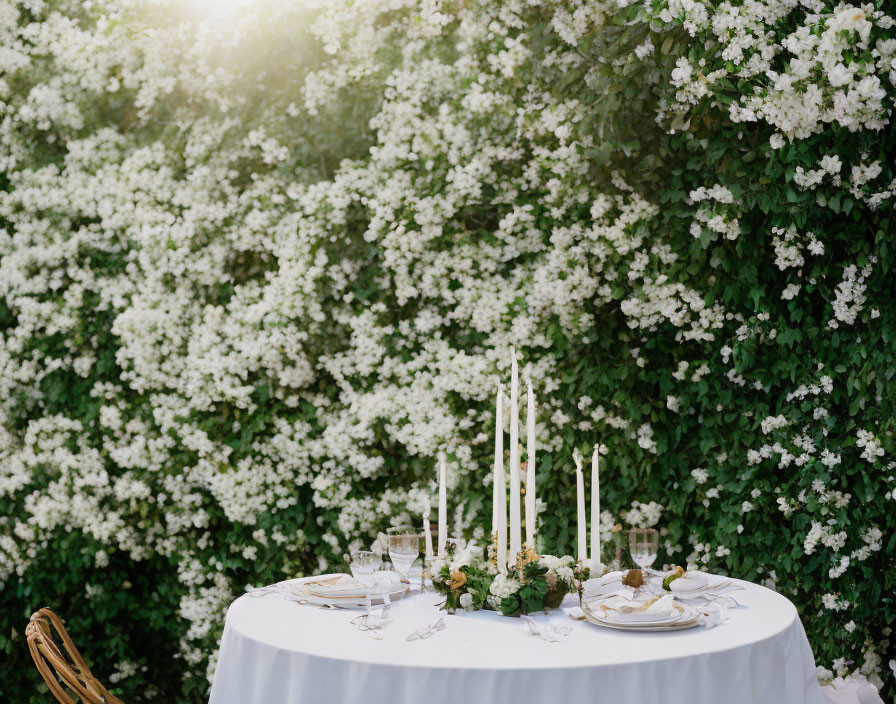 Chic outdoor dining arrangement with white tablecloth, candles, greenery, and white flower backdrop