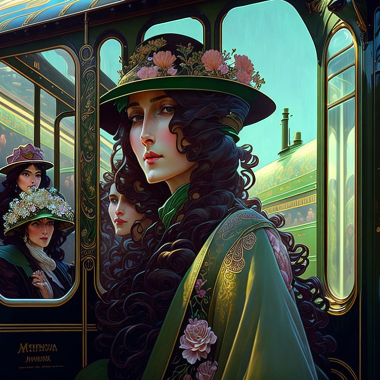 Vintage green outfit woman in floral hat inside ornate train car with reflections