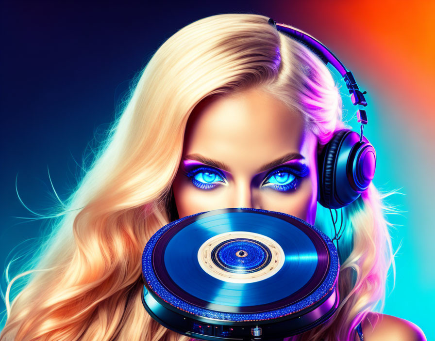 Blonde woman with blue eyes holding vinyl record under neon lights