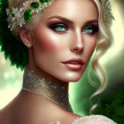 Portrait of a Woman with Striking Green Eyes and Leaf Accessories