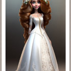 Detailed 3D illustration of woman with wavy hair in white floral wedding gown