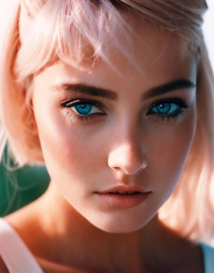 Portrait of person with blue eyes, pink hair, fair skin on soft blue backdrop