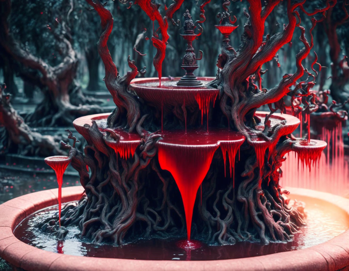 Fantastical Crimson Fountain in Dark Mystical Setting