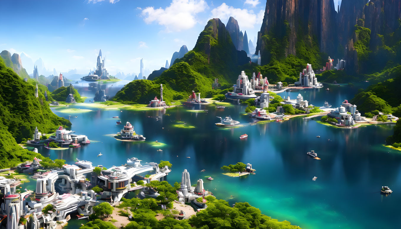 Futuristic cityscape with greenery, mountains, modern architecture, and blue waters