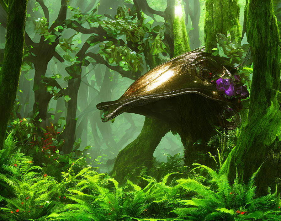 Golden Helmet with Purple Crystals in Lush Green Forest