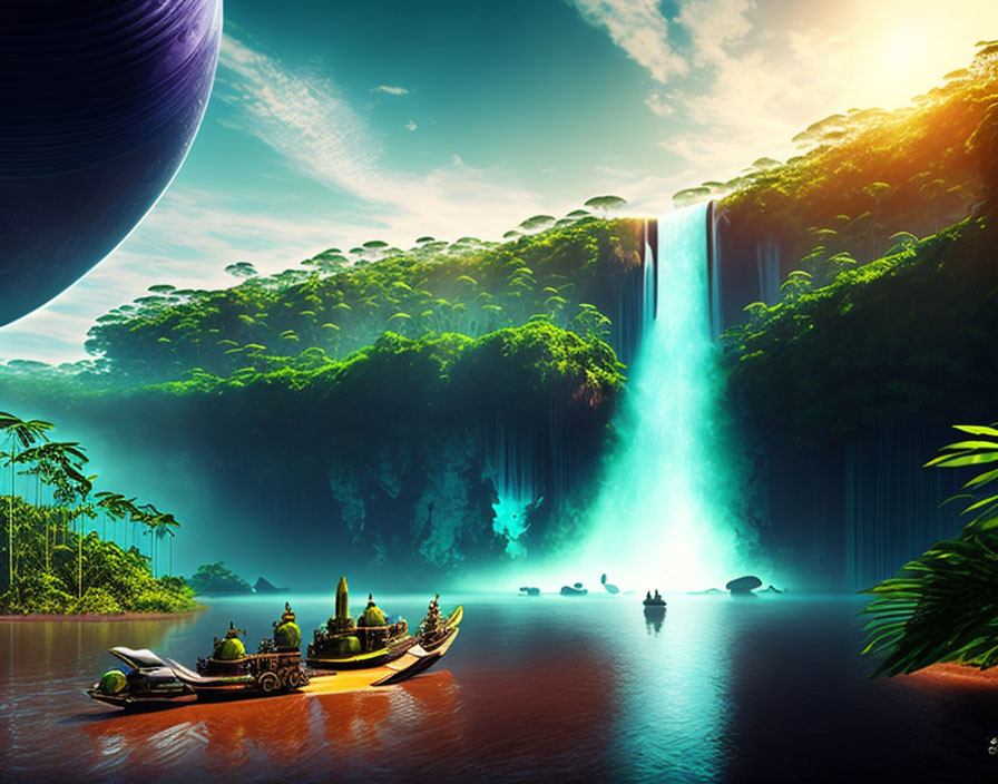 Fantastical landscape with boat, waterfalls, forests, and giant planet