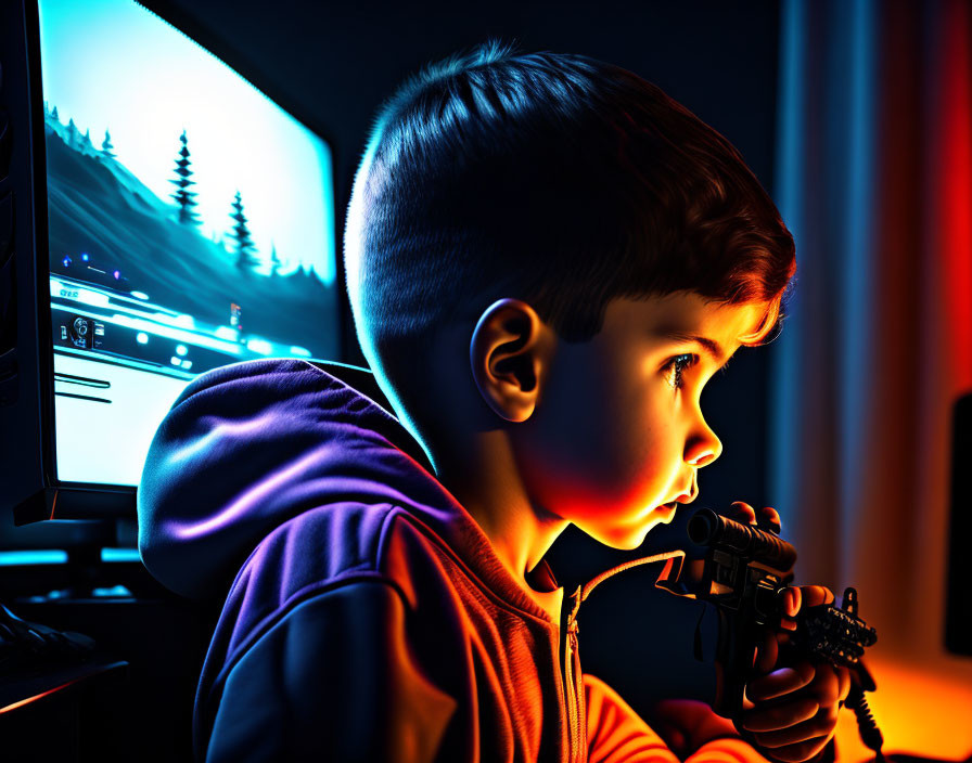 Child playing video game with colorful lighting reflected on face