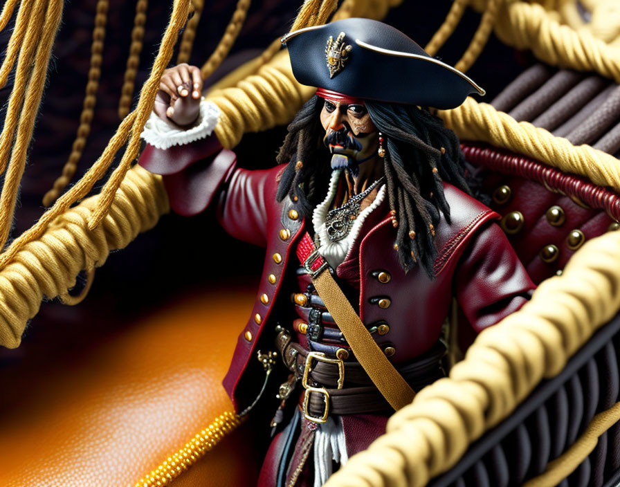 Pirate captain figurine with tricorn hat, braided beard, and red coat on ship's