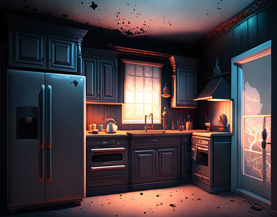 Dimly Lit Atmospheric Kitchen with Blue Hues at Night